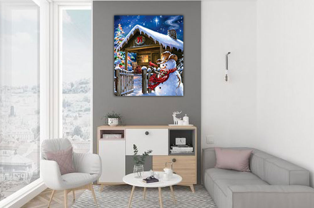 Sneeuwpop bij huisje Diamond Painting Planet