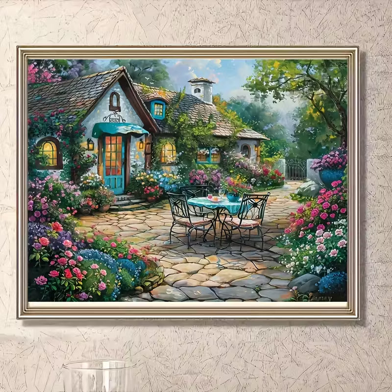 Sprookjesachtig Huisje met Bloementuin 40x50cm (Morgen in huis) Diamond Painting Planet