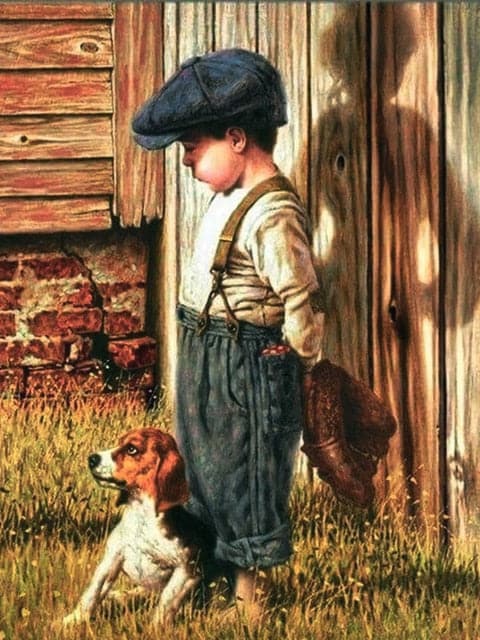 Vintage jongen met hond 25x30cm (Morgen in huis) Diamond Painting Planet