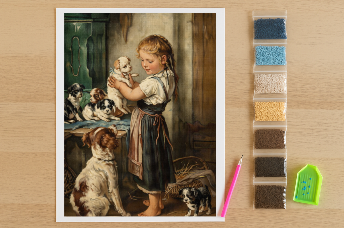 Vintage meisje met honden Diamond Painting Planet