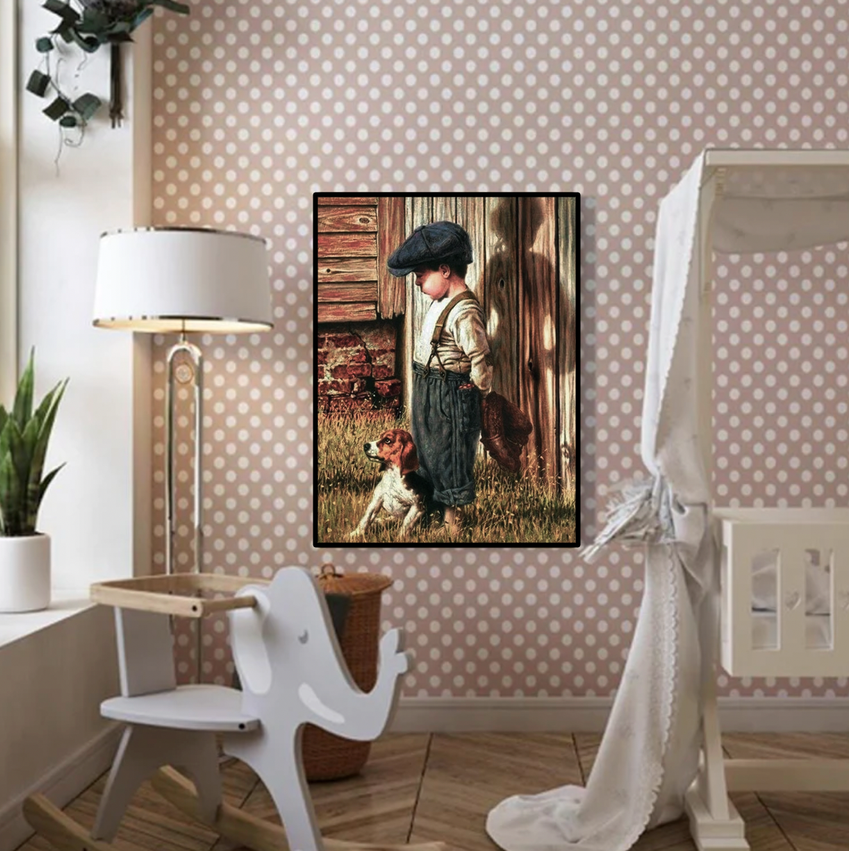 Vintage jongen met hond 25x30cm (Morgen in huis) Diamond Painting Planet