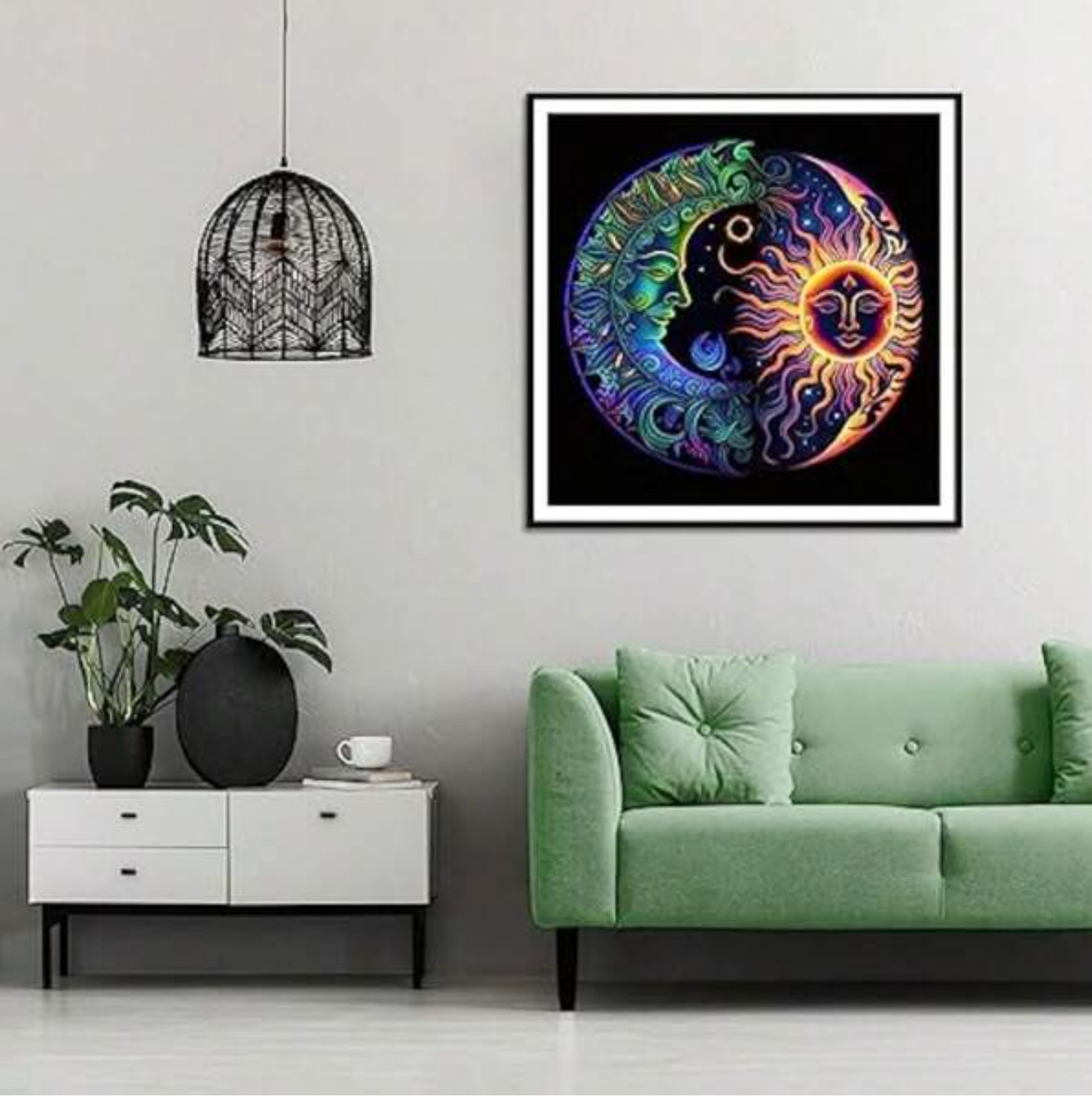 Zon en Maan 20x20cm (Morgen in huis) Diamond Painting Planet