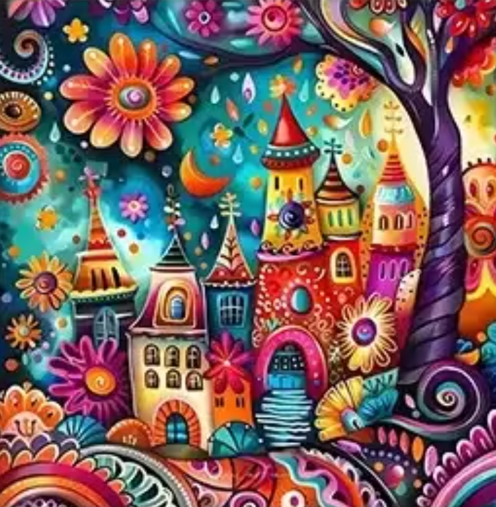 Magisch Kleurenrijk Droomdorp 25x25cm (Morgen in huis) Diamond Painting Planet