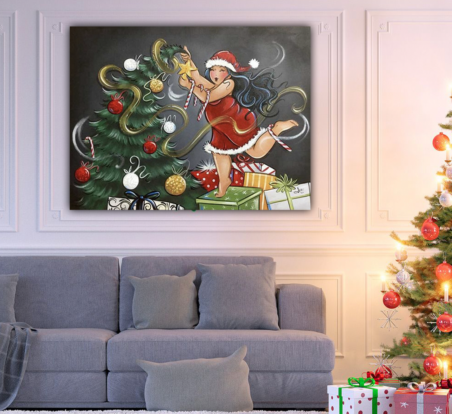 Dikke Dame versiert kerstboom (Morgen in huis) Diamond Painting Planet