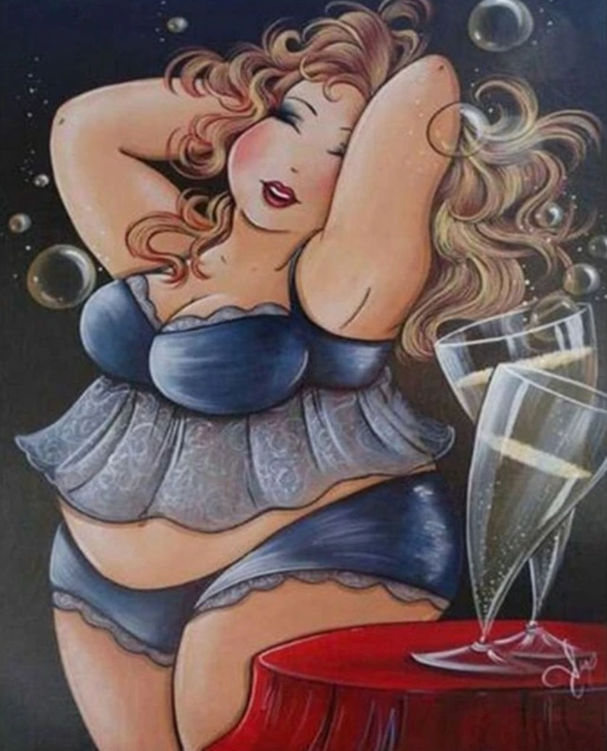 Dikke Dame met champagne Diamond Painting Planet