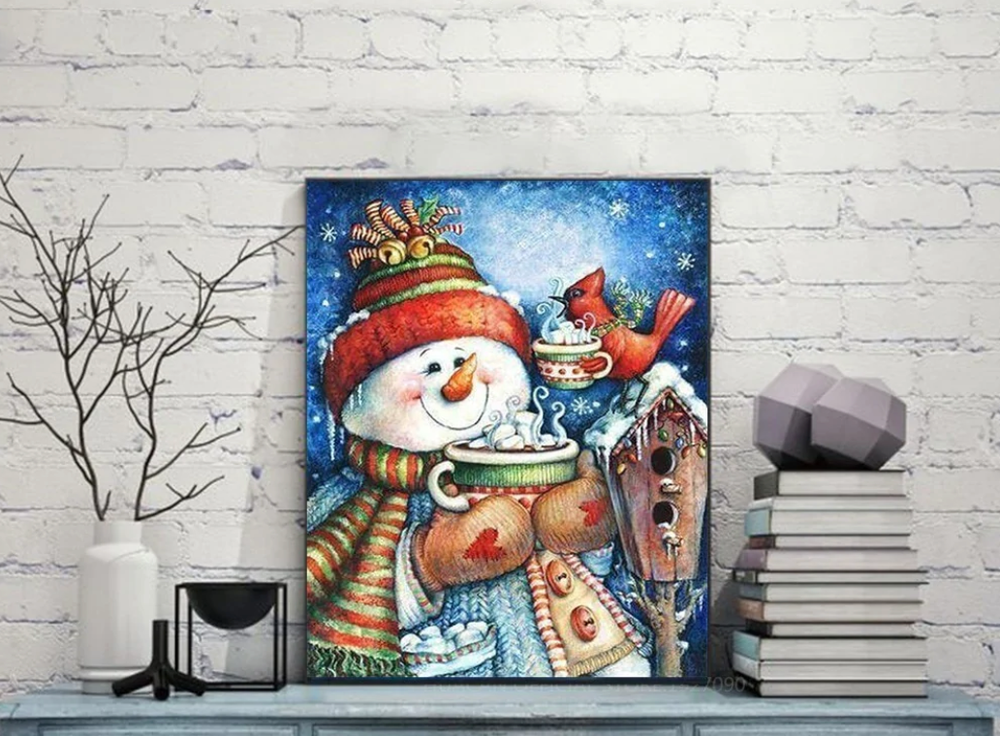 Sneeuwpop met chocolademelk Diamond Painting Planet